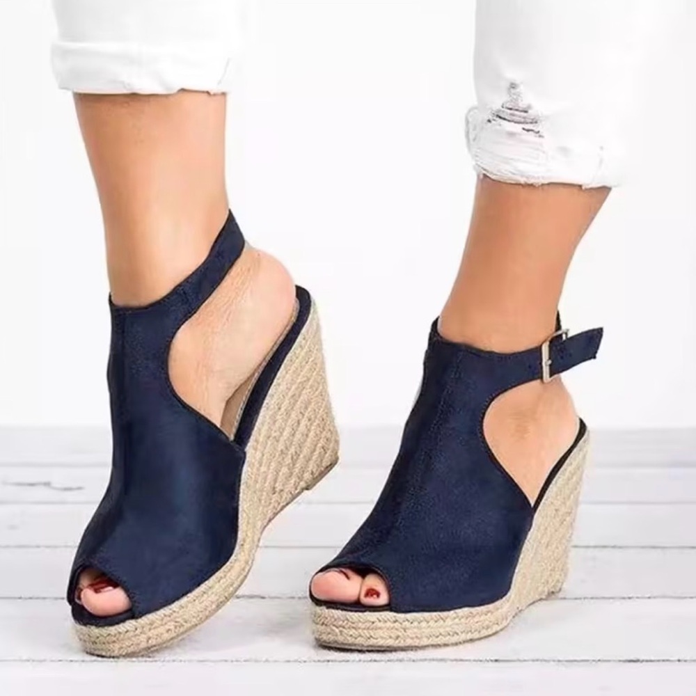 Navy blue suede espadrille wedge sandals